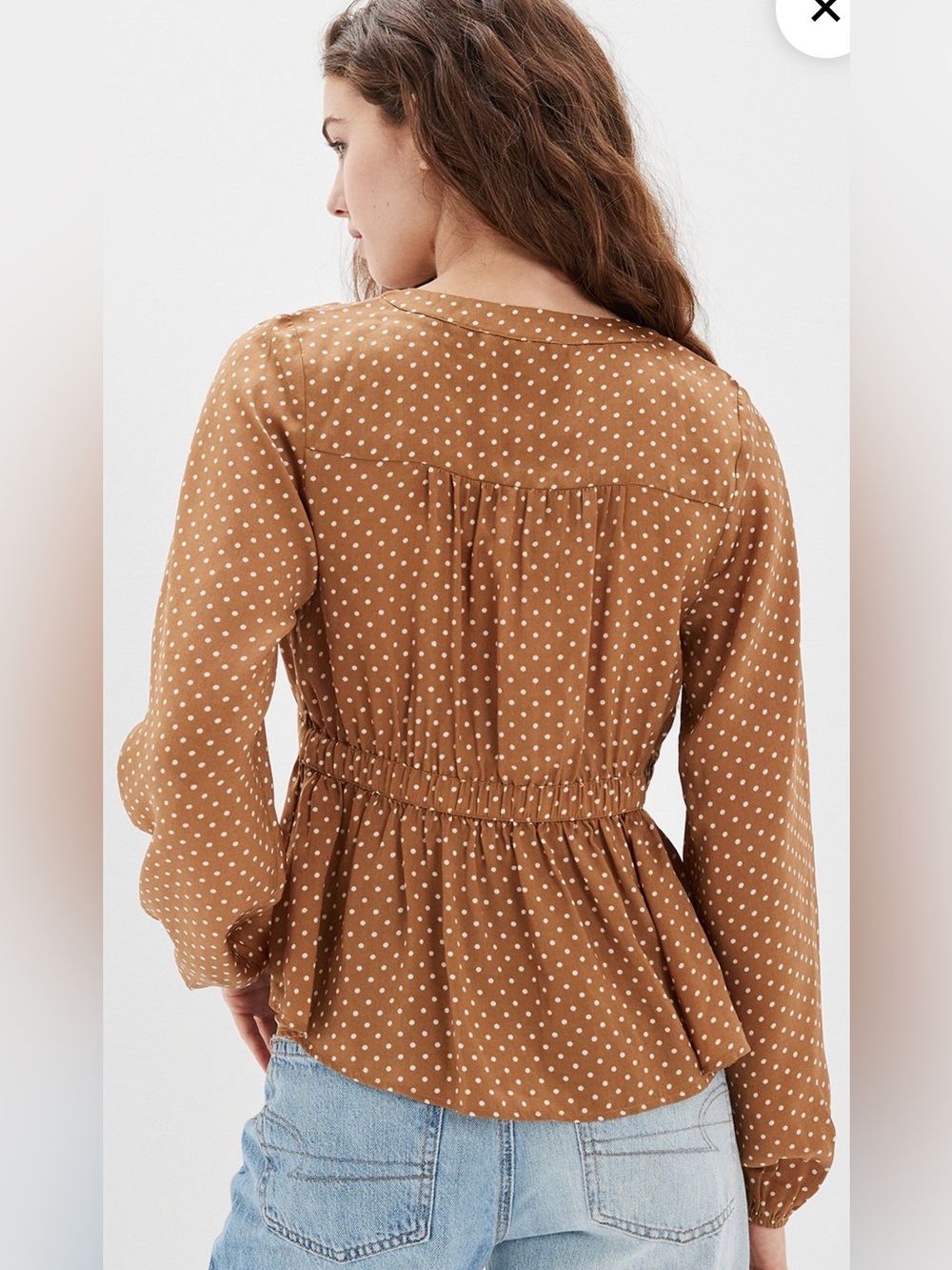 American Eagle Outfitters Silky Long Sleeve Tie-Front Brown Polkadot Top - Picture 2 of 7